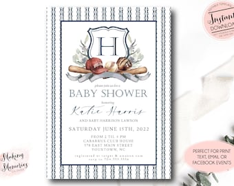 Baseball Baby Shower Invitation, Editable vintage Baseball baby shower Template, little slugger, Southern Monogram Crest, Rustic baseball