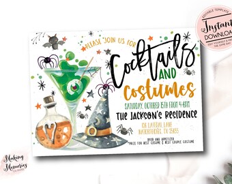 May include: Halloween-themed invitation with the text "Cocktails and Costumes." The design includes a witch's hat, a green cocktail with an eyeball, and other spooky illustrations. The invitation is for a party at The Jackson's Residence.