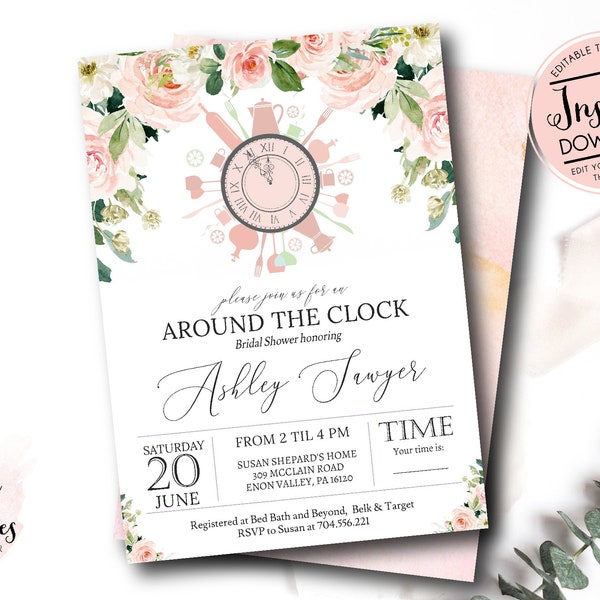 Bridal Shower invitation, Kitchen Bridal Shower, Around the clock Bridal shower, Blush Pink, Edit Yourself Instant Download Template ET3