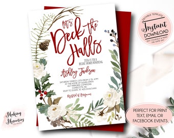 May include: A white invitation with red accents, featuring the text "Let's Deck the Halls" in a festive script. The invitation is for a bridal shower, with floral and pinecone accents. The words "Instant Download" are also visible.