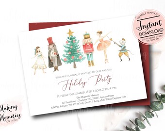 May include: A festive holiday party invitation featuring watercolour illustrations of Nutcracker characters, a Christmas tree, and a mouse king. The invitation includes the text "Holiday Party" and "Instant Download".