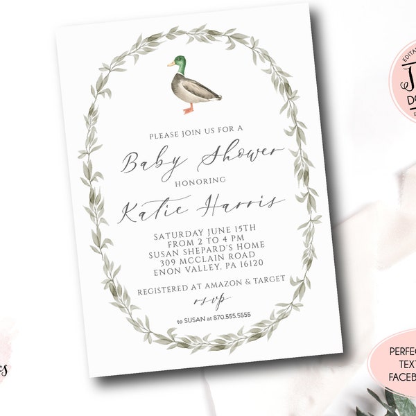 Duck Baby Shower Invitation, Mallard Duck Baby shower invite, duck hunting shower, Edit yourself Instant Download Duck Baby Shower Invite