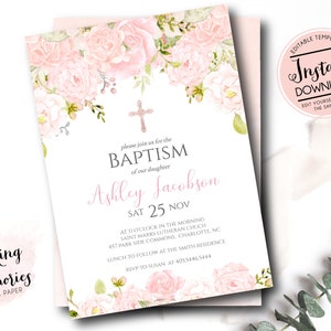 Blush Baptism invitation, First Communion Invite, INSTANT download , Floral Invitation, pink, DIY, Invite, edit yourself, pink baptism, b1
