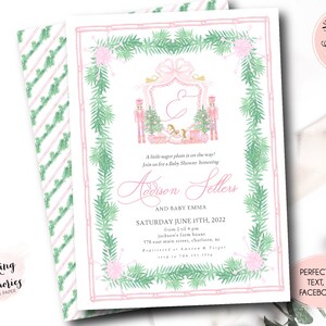 Nussknacker Babyparty, Eine kleine Zuckerpflaume ist unterwegs, Rosa Nussknacker Wappen Einladung, Preppy Nussknacker einladen, Winter-Babyparty