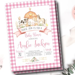 Farm baby shower Invitation, girl farm baby shower, girl farm invite, pink gingham farm invite, barnyard, Edit yourself Instant Download
