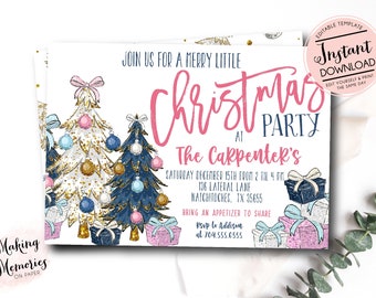 Może przedstawiać: Zaproszenie na przyjęcie bożonarodzeniowe z ilustracjami choinek, prezentów i tekstu. Zaproszenie zawiera tekst "Join us for a Merry Little Christmas Party" i "Instant Download". Zaproszenie jest w kolorze różowym, niebieskim i złotym.