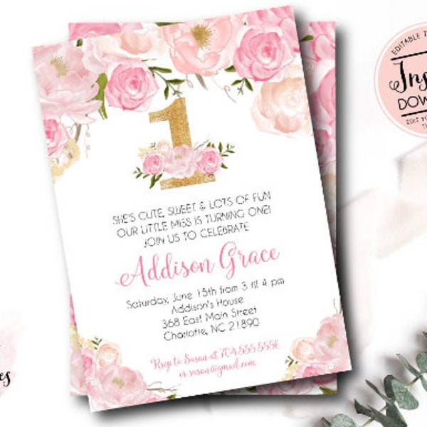 Pink Floral First Birthday, Pink Watercolor Birthday Invitation, Flowers, Floral, Shower Invitation, Floral, Flower Invite, first, gold p2