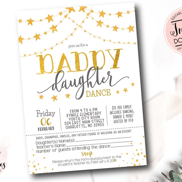 Daddy Daughter Dance Flyer, School Dance Invite, Editable Daddy Daughter Dance Invitation, Star Dance Flyer, Dance invitation template