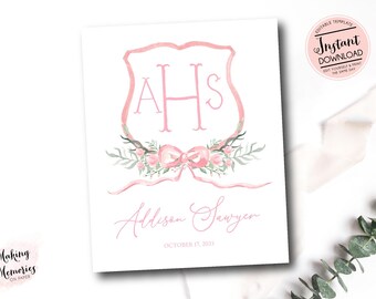 Printable Watercolor Monogram Crest, Hospital Door Sign, Bassinet, girl Nursery art, Floral Hospital Sign, Girl Monogram & Name, birth stats