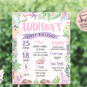 Girl Dinosaur birthday milestone Poster, pink dinosaur birthday stats board, pink dinosaur party, Instant Download, Edit yourself, Template,