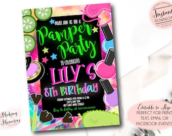 Pamper party invitation, girls makeover template, Spa Birthday party Invitation, Mani Pedis Makeup party Pajama,  Instant Download