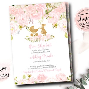 Big Sister Baby Shower Invitation, big sister baby shower invite, big sitter invite, instant download, edit, I am going to be big sister b1