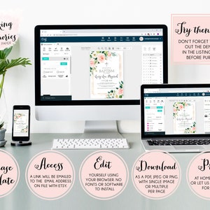 Pu&ograve; includere: Un mockup digitale di uno schermo di computer, un laptop e un telefono che mostra un modello di invito di battesimo floreale rosa e oro. Il testo sull'invito recita "Baptism Lily Rose Michael". L'immagine include anche del testo che descrive i passaggi per acquistare, accedere, modificare, scaricare e stampare il modello.