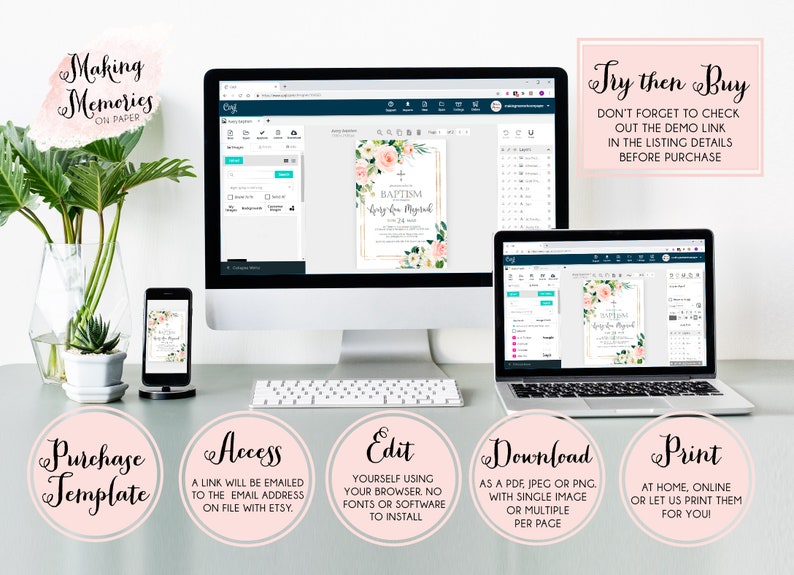 Pu&ograve; includere: Un mockup digitale di uno schermo di computer, un laptop e un telefono che mostra un modello di invito di battesimo floreale rosa e oro. Il testo sull'invito recita "Baptism Lily Rose Michael". L'immagine include anche del testo che descrive i passaggi per acquistare, accedere, modificare, scaricare e stampare il modello.