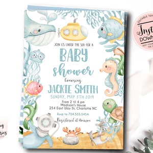 Under the sea baby shower invitation, boy ocean baby shower, sea baby shower invitation, boy nautical baby shower, editable instant download image 1