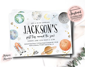 Editable Outer Space Birthday Invitation, First trip around the sun, Blast Off invite, Download Printable Template Digital, Space invitation