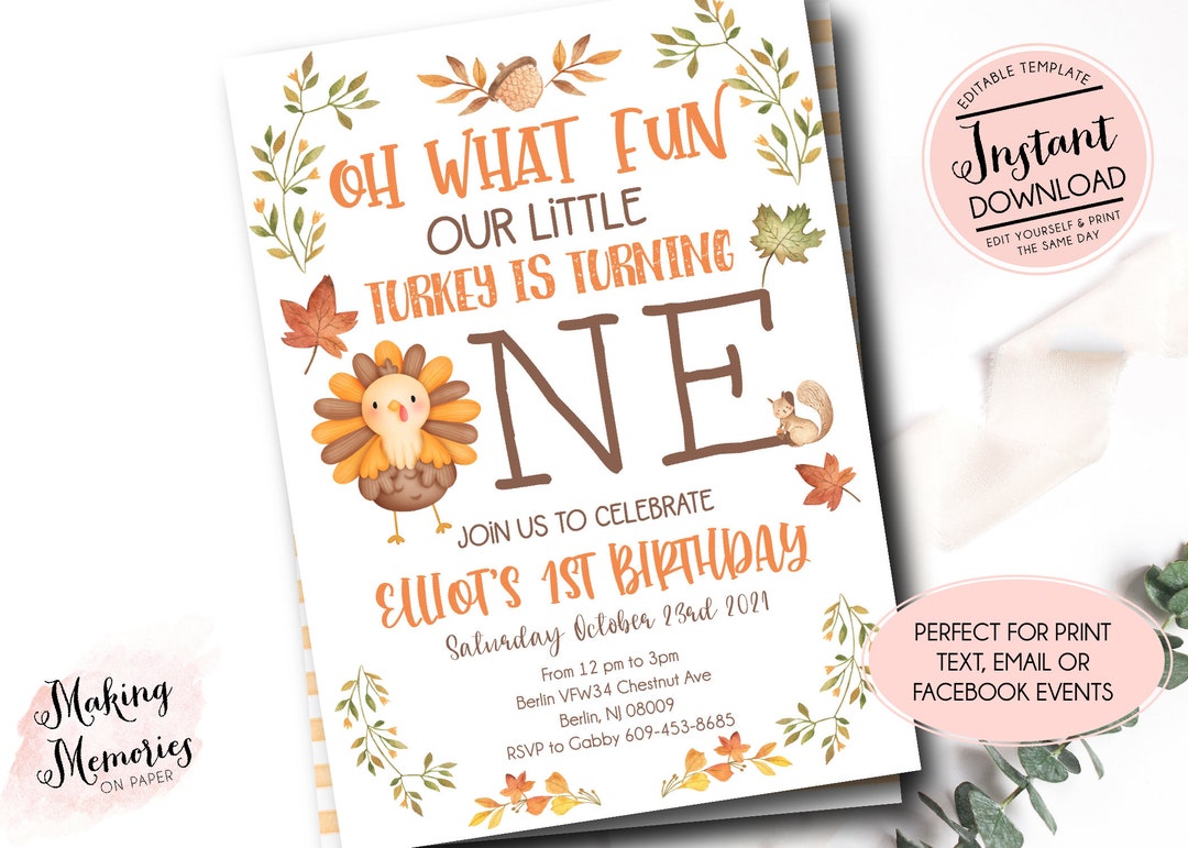 Turkey Birthday Invitation, Thanksgiving Birthday Invite, Our Little Turkey is One, Fall ...