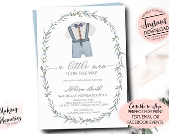 Little Man Baby Shower Invitation, Bowtie Boy Baby Editable Invite, little mister baby clothes shower invite, boho baby shower, instant