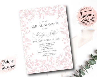 Pink Chinoiserie Bridal Shower Invitation Bundle, Pink Toile Bridal Shower, Grandmillennial Invite, Vintage Botanical Invite, French Toile
