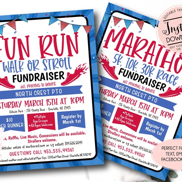 Marathon flyer, fun run Flyer, Editable Run Template, Sports pto pta Church School Charity race flyer, 5k 10k Race Fundraiser, Run Benefit