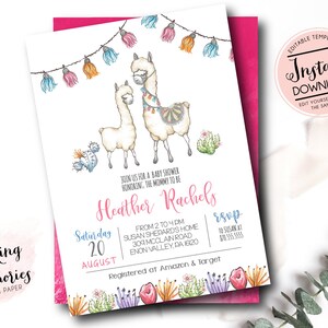 llama Baby Shower Invitation, Alpaca invitation, Fiesta baby shower invite, baby llama baby shower invite, instant download, Template