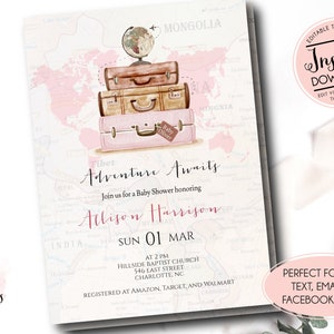 Travel baby shower invitation, Adventure Awaits baby shower, pink Wanderlust Luggage, girl adventure bridal shower, Editable Instant