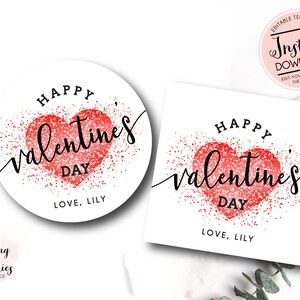 Pegatina de San Valentín de corazón rojo, tarjeta imprimible del Día de San Valentín, círculo de San Valentín de niña, San Valentín brillante, Regalo editable Favor escuela de San Valentín