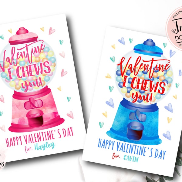 Bubble Gum Valentine Tag, I chews you Valentine Cards, Gum Valentine Exchange Cards, gumball machine, School Valentine, personalized tags