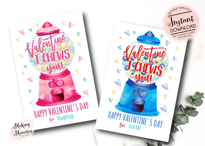 Bubble Gum Valentine Tag, I chews you Valentine Cards, Gum Valentine Exchange Cards, gumball machine, School Valentine, personalized tags image 1