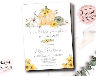 Pumpkin Birthday invitation, Little pumpkin is turning one invitation, fall birthday invite, INSTANT DOWNLOAD, pumpkins and sunflowers