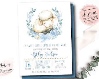Lamb baby shower invitation, Little Lamb, sheep invite, Its a boy baby Shower, blue flowers, INSTANT download edit yourself, baby blue