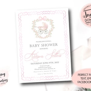 Baby carriage shower invitation,  Girl Baby Shower, Preppy Southern baby shower invite, Pink Stroller baby shower, Editable Girl Shower