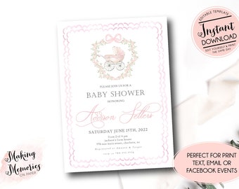 Baby carriage shower invitation,  Girl Baby Shower, Preppy Southern baby shower invite, Pink Stroller baby shower, Editable Girl Shower