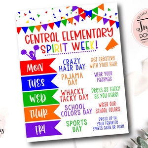 Spirit week template, Spirit week schedule, School spirit week, Spirit week planner, Edit yourself instant download, PTO PTA Spirit week
