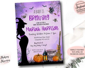 May include: A purple watercolor baby shower invitation featuring a black silhouette of a pregnant witch, spiderwebs, bats, a broomstick, a cauldron, and pumpkins. The text reads A BABY IS BREWING, JOIN US FOR A BABY SHOWER HONORING MARIAH HARRISON.