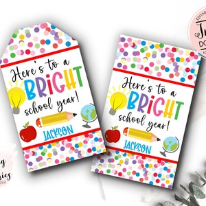 Printable Bright School Year favor tag, First Day of School tag,  Back To School Here&#39;s to a Bright School Year, Bright School Gift Tag