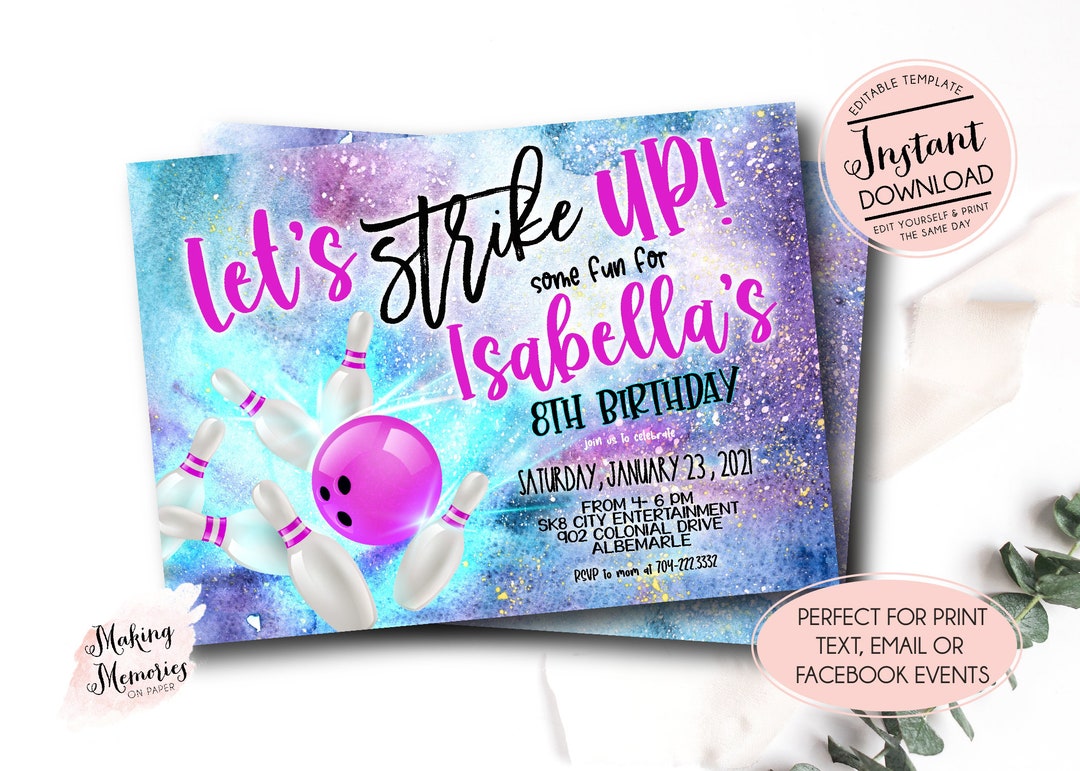 Bowling Birthday Invitation, Cosmic Bowling Party Invitation, Galaxy ...