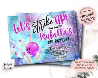 May include: A birthday party invitation with a bowling theme. The invitation features a pink bowling ball and white bowling pins against a watercolor background of blue, purple, and gold. Text includes "Let's Strike Up!" and "Isabella's 8th Birthday."