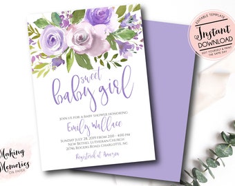 Lavender baby shower Invitation, sweet baby girl Invitation, Lavender Baby Shower,  Watercolor Flowers lavender invite, instant download