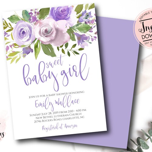 Lavender Baby Shower Invitation Sweet Baby Girl Invitation Etsy
