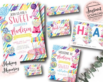 Sweet Celebration , Candy Birthday Invitation Set, Candy Party, Sweet One, Candy Shoppe, INSTANT DOWNLOAD Editable Printable Invitation