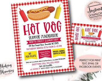 Hot Dog Dinner Flyer, Editable Hot Dog fundraiser invitation, pto pta Church School Charity fundraiser, Hot Dog Fundraiser Template