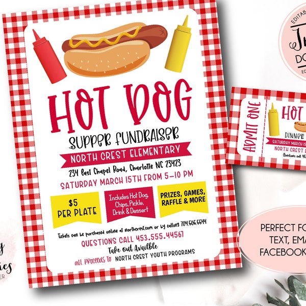 Hot Dog Dinner Flyer, Editable Hot Dog fundraiser invitation, pto pta Church School Charity fundraiser, Hot Dog Fundraiser Template