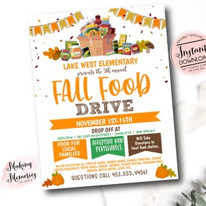 Fall Food Drive Flyer, Food Drive Template, Editable Food Drive, Fall Food Bank Charity Event Flyer, School Food Drive, harvest food Drive