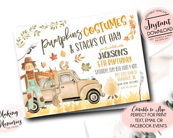 Puede incluir: Invitación en acuarela para un 5º cumpleaños con el texto "Pumpkins Costumes & Stacks of Hay". Presenta un camión vintage, calabazas, un espantapájaros y animales del bosque. Detalles editables.
