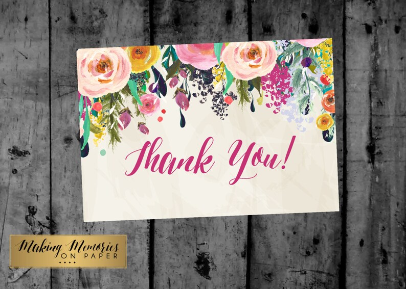Watercolor Flower Thank You Note Floral Thank You Flat Thank Etsy