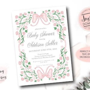 EDITABLE Pink Bow baby shower Invitation, Printable girl baby shower Invite, Minimalist Pink Bow, Watercolor Pink Bow, Hand drawn flowers