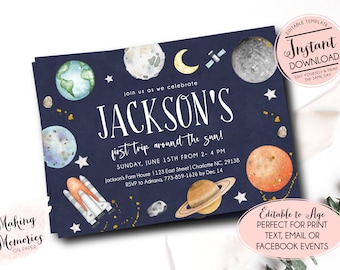 Editable Outer Space Birthday Invitation, First trip around the sun, Blast Off invite, Download Printable Template Digital, Space invitation