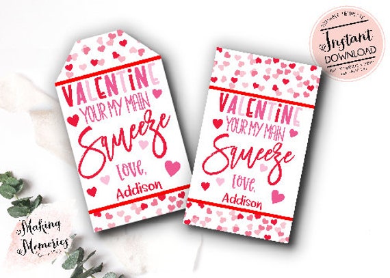 Squishy Valentine tag, Your my main squeeze valentine, Squishy Toy Squishee Squishie Valentine, école maternelle, non-bonbons enfants valentin
