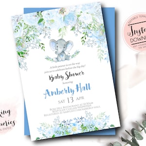 Elephant baby shower invite, Boy Elephant, boy baby Shower, blue baby Shower, INSTANT Watercolor, Floral Invitation, blue, DIY, Invite,